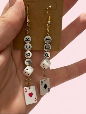 Custom Jackpot Poker Ace Dangle Earrings - Silver & White